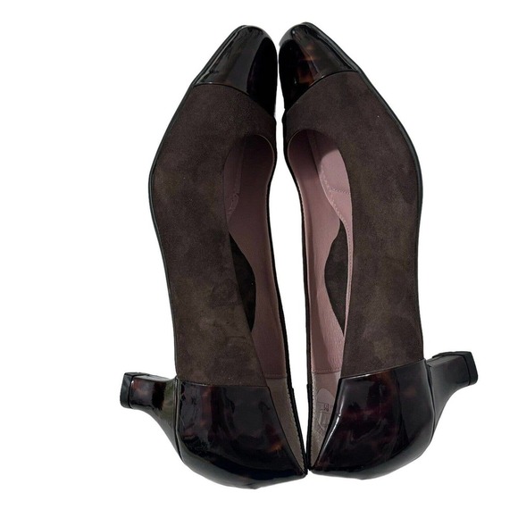 Beautifeel 7.5 Rebecca Pumps Classic Brown Suede Tortoise Patent Cap Toe - Picture 5 of 7